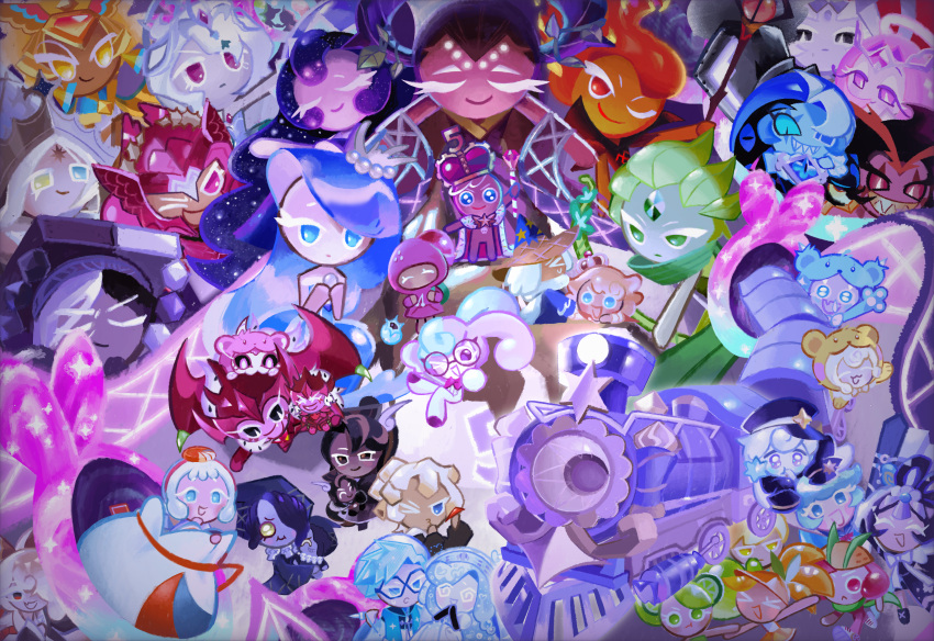 absurdres, animal_ears, armor, black_hair, blonde_hair, blue_eyes, blue_skin, brown_hair, burning_spice_cookie, caramel_arrow_cookie, closed_eyes, colored_eyelashes, colored_skin, commentary_request, cookie_run, cookie_run:_kingdom, cream_ferret_cookie, cream_ferret_cookie_(yellow_bear_jelly_party!), cream_soda_cookie, crown, custard_cookie_iii, dark_cacao_cookie, dark_cacao_cookie_(dragon_lord), dark_skin, dragon_tail, eternal_sugar_cookie, fiery_hair, fire_spirit_cookie, gingerbrave, glasses, golden_cheese_cookie, golden_cheese_cookie_(immortal), grapefruit_cookie, green_eyes, green_hair, hair_over_one_eye, heterochromia, highres, holding, holding_staff, hollyberry_cookie, hollyberry_cookie_(aegis), icicle_yeti_cookie, icicle_yeti_cookie_(frozen_bear_jelly_party!), jagae_cookie, lemon_cookie, licorice_cookie, lime_cookie, macaroni_cookie, manju_cookie, marshmallow_bunny_cookie, milky_way_cookie, millennial_tree_cookie, moonlight_cookie, multicolored_hair, multiple_boys, multiple_girls, multiple_others, mystic_flour_cookie, okchun_cookie, one_eye_closed, orange_cookie, orange_hair, pink_eyes, pink_hair, pink_skin, pitaya_dragon_cookie, pure_vanilla_cookie, pure_vanilla_cookie_(compassionate), purple_hair, rabbit_ears, red_skin, sea_fairy_cookie, silent_salt_cookie, snapdragon_cookie, snapdragon_cookie_(pink_bear_jelly_party!), staff, strawberry_cookie, stuffed_toy, tail, train, uehaasu, white_hair, white_lily_cookie, white_lily_cookie_(dawnbringer), wind_archer_cookie, wizard_cookie, yellow_eyes
