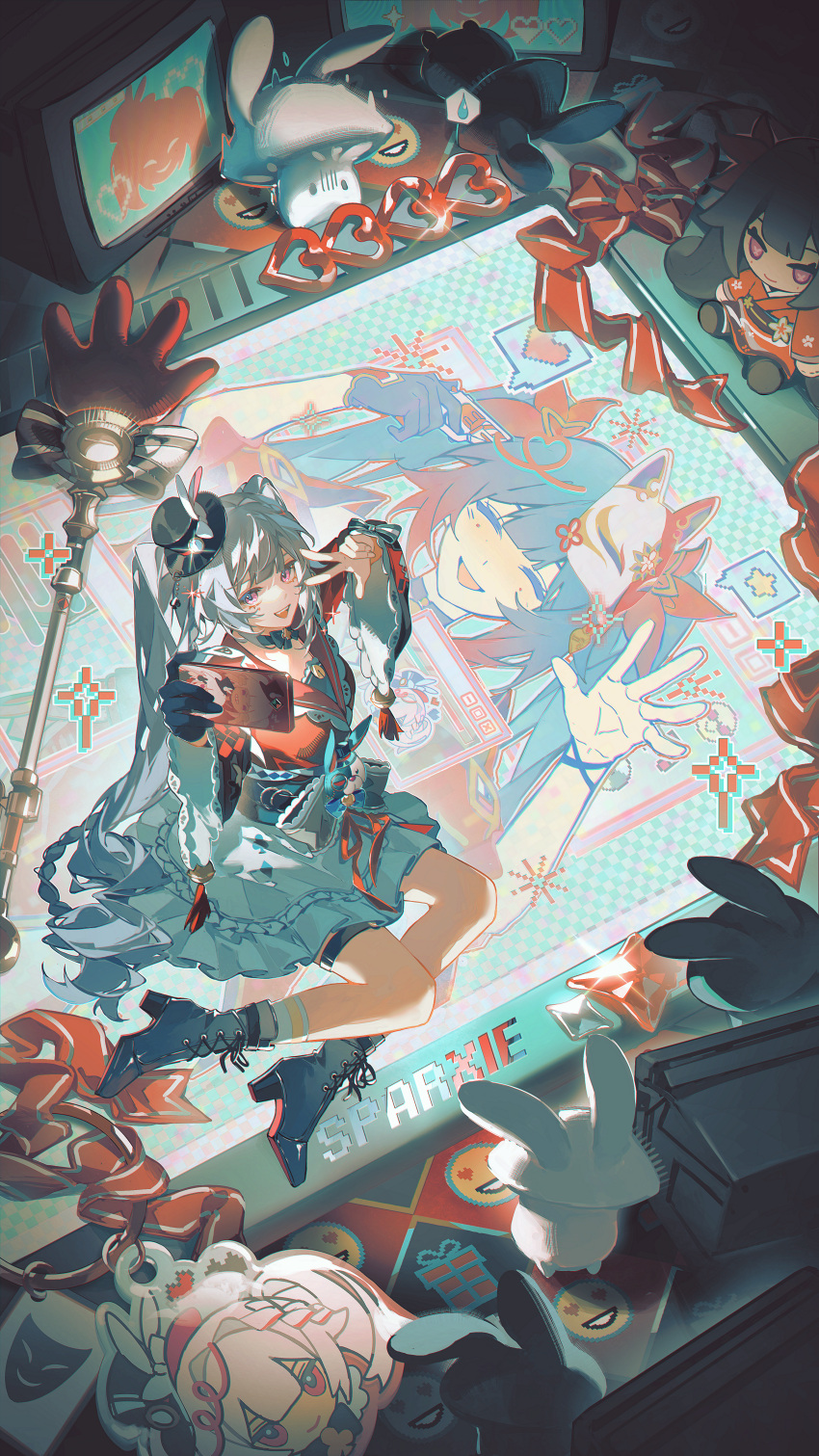 1girl, absurdres, cellphone, commentary, crt, dual_persona, flare_gun, highres