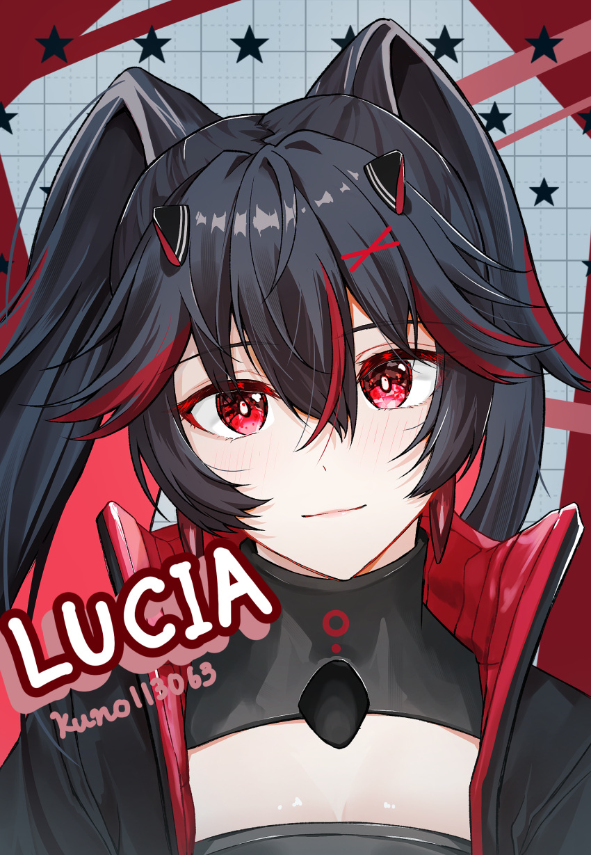 1girl, absurdres, animal_ears, artist_name, black_hair, black_jacket, character_name, colored_inner_hair, commentary_request, fake_animal_ears, hair_between_eyes, hair_ornament, highres, jacket, kuno113063, long_hair, lucia:_plume_(pgr), lucia_(pgr), mechabare, multicolored_hair, punishing:_gray_raven, red_eyes, red_hair, red_jacket, sidelocks, solo, streaked_hair, twintails, two-sided_fabric, two-sided_jacket, x_hair_ornament