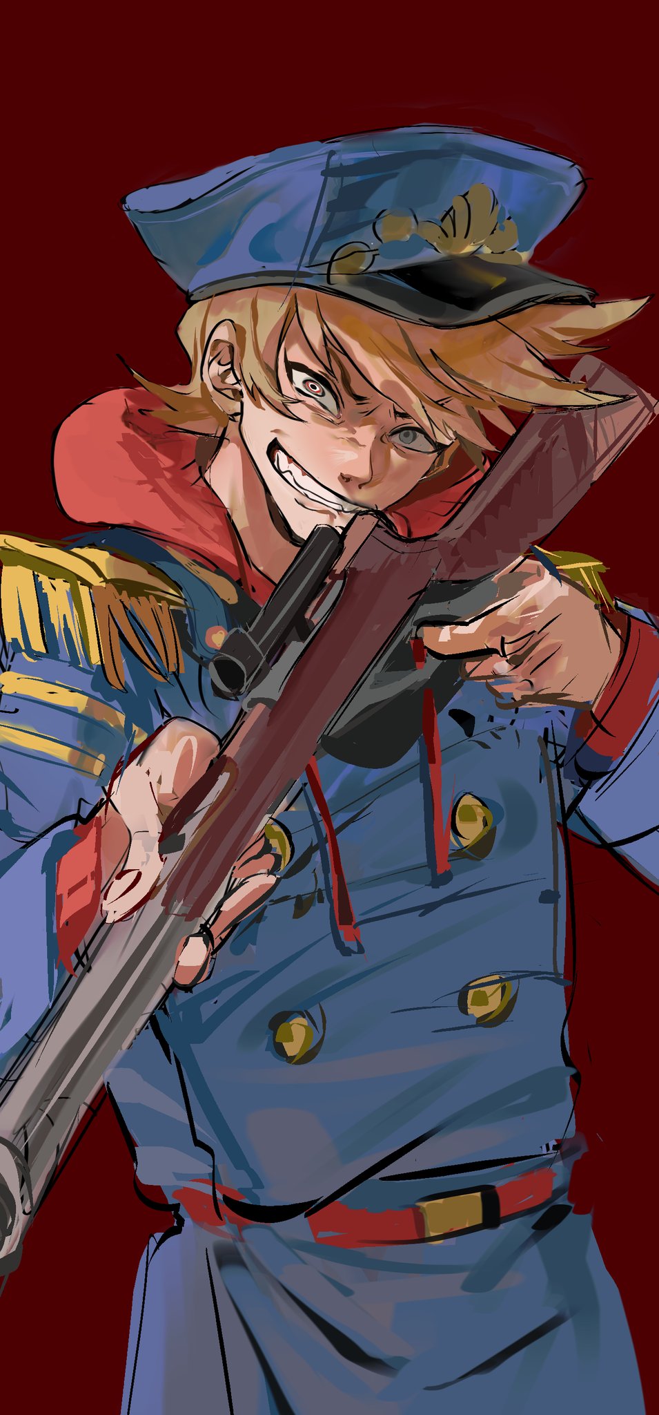 1boy, animification, belt, belt_buckle, blue_coat, blue_hat, brown_hair, buckle
