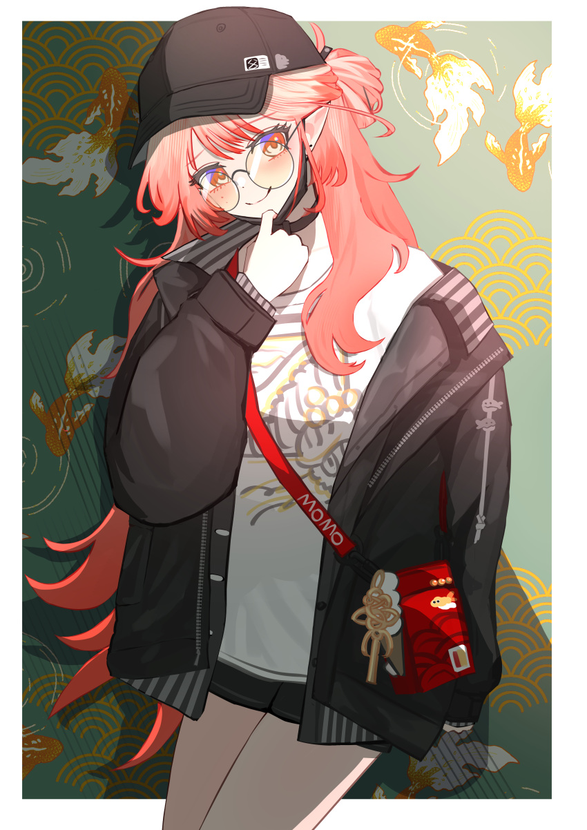 1girl, absurdres, animal_print, arknights, bag, baseball_cap, bespectacled, black_hat