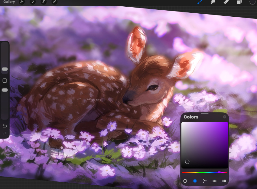 animal, animal_focus, art_program_in_frame, backlighting, crytterz, deer, field, flower, flower_field, highres, no_humans, on_ground, original, outdoors, purple_flower, sitting
