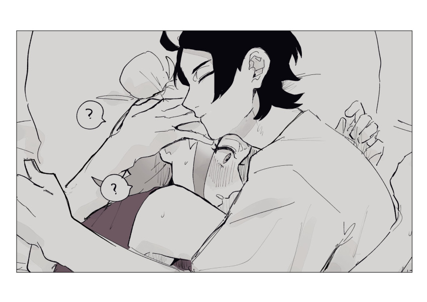 1boy, 1girl, ?, ??, ahoge, blush, closed_eyes, commentary_request, cuddling, gradient_hair, greyscale, hetero, highres, hug, monochrome, multicolored_hair, paxton_(pokemon), pillow, pokemon, pokemon_legends:_z-a, sleeping, suwa_(hdgjg40fwe92334), sweat, taunie_(pokemon), upper_body