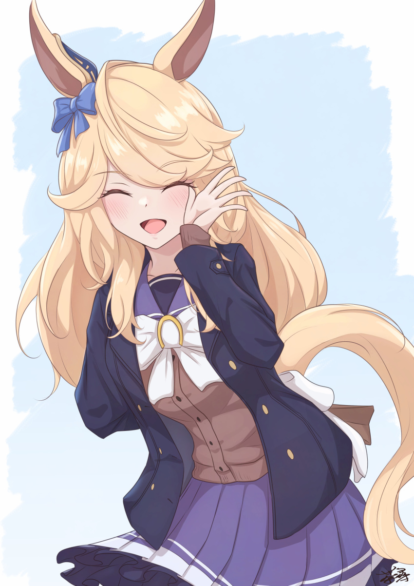 1girl, animal_ears, arm_behind_back, bag, blonde_hair, blue_bow, blue_coat, blue_jacket