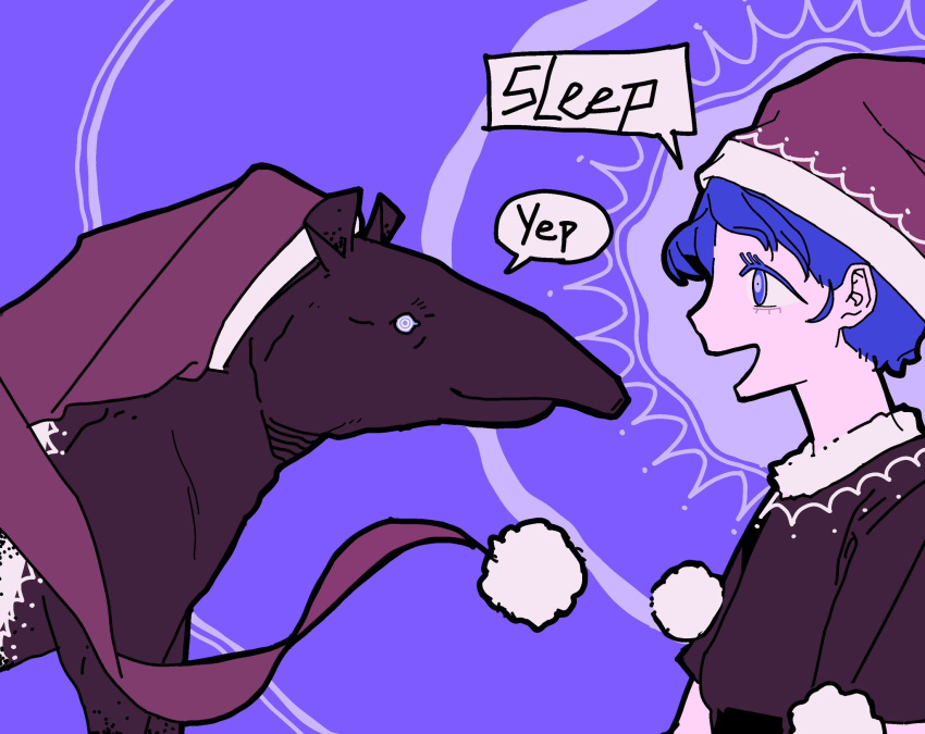 1girl, black_dress, blue_eyes, blue_hair, doremy_sweet, dress, english_text, facing_ahead, from_side, hat, highres, looking_at_animal, nightcap, open_mouth, perro090119, pom_pom_(clothes), purple_background, red_hat, smile, speech_bubble, tapir, tapir_girl, touhou, upper_body