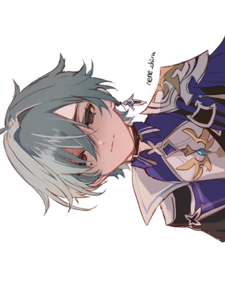 1boy, blue_eyes, collared_shirt, commentary_request, earrings, genshin_impact, gold_trim, green_hair