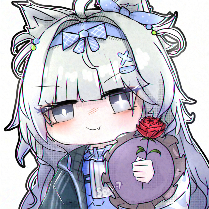 1girl, ahoge, animal_ears, artist_name, black_jacket, blue_hairband, bright_pupils, chibi, closed_mouth, commentary, fang, flower, grey_hair, hair_bobbles, hair_intakes, hair_ornament, hairband, highres, holding, holding_flower, jacket, long_hair, long_sleeves, looking_at_viewer, mismatched_pupils, no._21:_feral_(tiny_bad_wolf)_(pgr), no._21_(pgr), open_clothes, open_jacket, outline, outstretched_arm, punishing:_gray_raven, red_flower, red_rose, rose, sanx7, smile, solo, star-shaped_pupils, star_(symbol), symbol-shaped_pupils, upper_body, white_outline, white_pupils, wolf_ears, x_hair_ornament