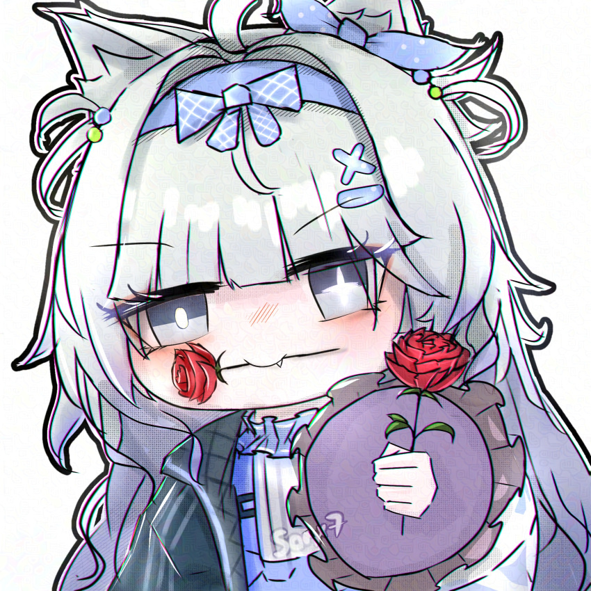 1girl, ahoge, animal_ears, artist_name, black_jacket, blue_hairband, bright_pupils, chibi, commentary, fang, flower, grey_hair, hair_bobbles, hair_intakes, hair_ornament, hairband, highres, holding, holding_flower, jacket, long_hair, long_sleeves, looking_at_viewer, mismatched_pupils, mouth_hold, no._21:_feral_(tiny_bad_wolf)_(pgr), no._21_(pgr), open_clothes, open_jacket, outline, outstretched_arm, punishing:_gray_raven, red_flower, red_rose, rose, sanx7, solo, star-shaped_pupils, star_(symbol), symbol-shaped_pupils, upper_body, white_outline, white_pupils, wolf_ears, x_hair_ornament