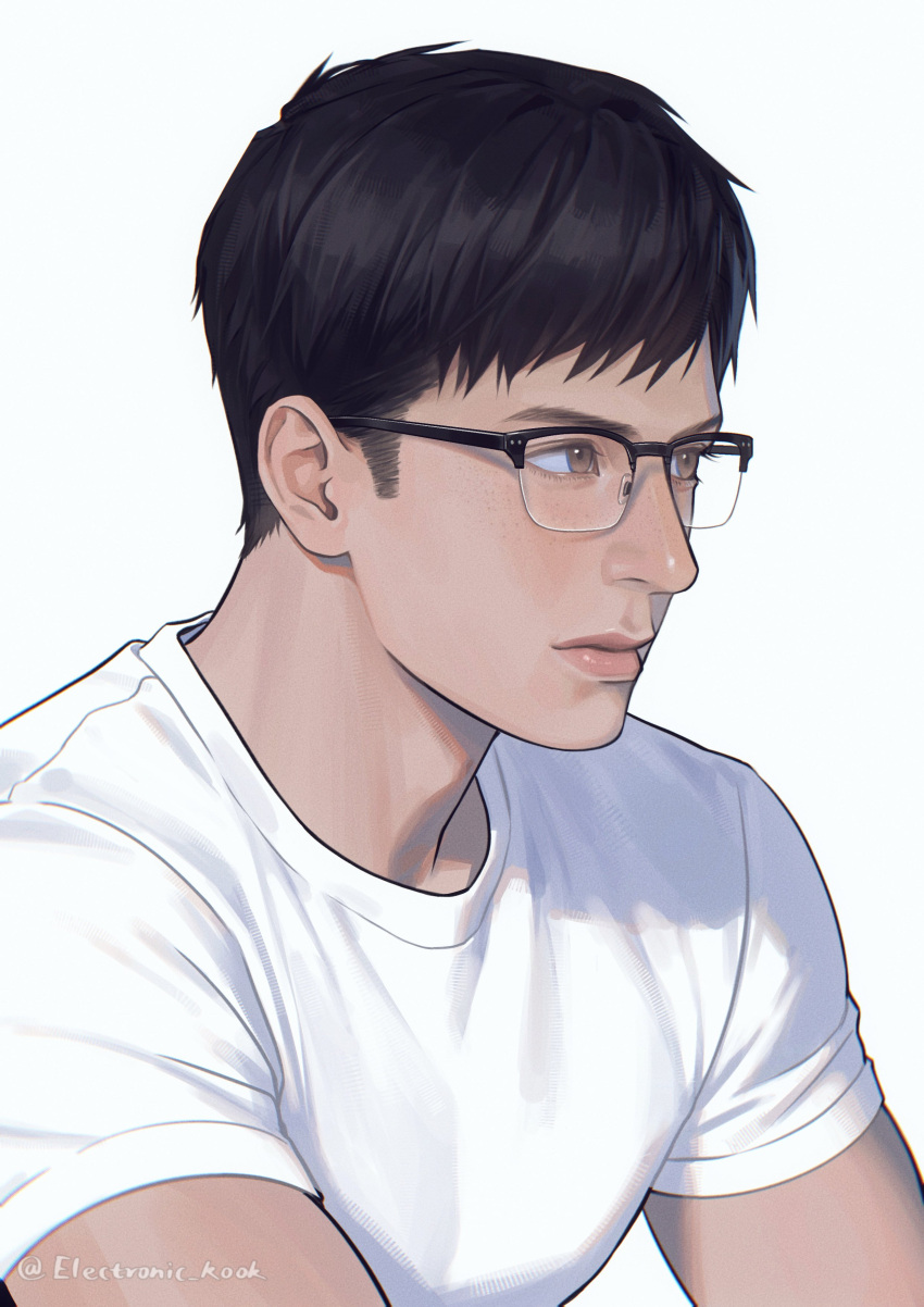 1boy, absurdres, black_hair, brown_eyes, closed_mouth, commentary, crew_neck, electronic_kook, english_commentary, glasses, heated_rivalry, highres, male_focus, semi-rimless_eyewear, shane_hollander, shirt, short_hair, short_sideburns, short_sleeves, sideburns, simple_background, solo, twitter_username, upper_body, white_background, white_shirt