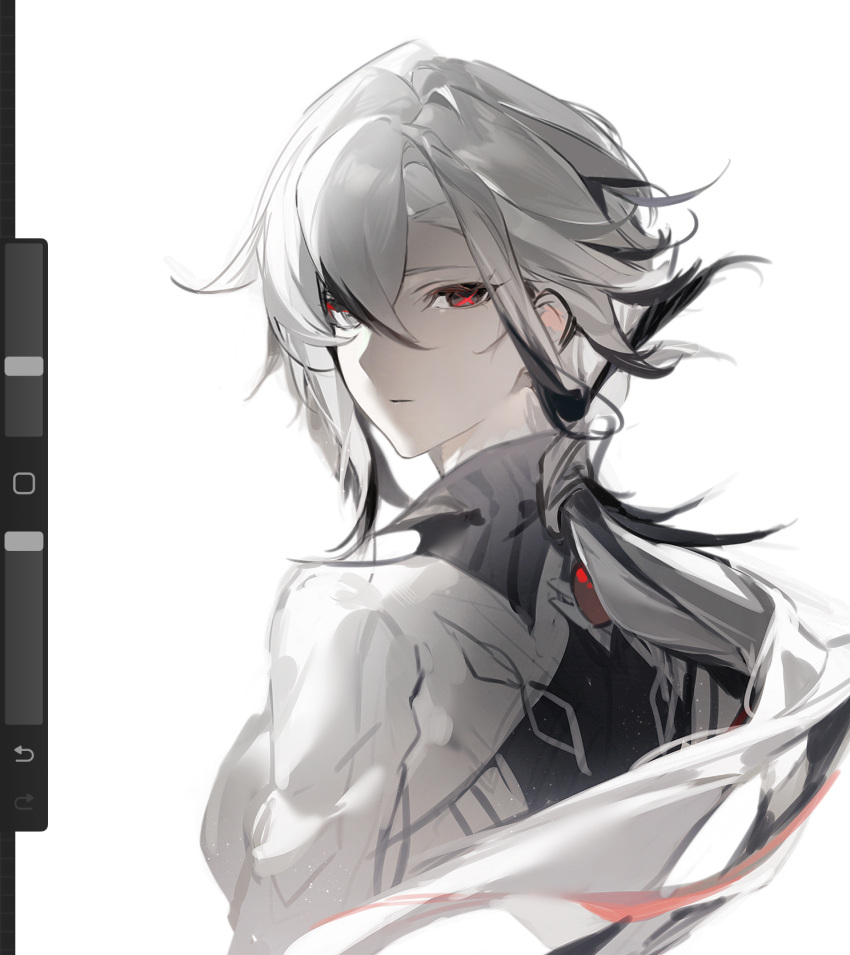 1girl, arlecchino_(genshin_impact), closed_mouth, coat, expressionless, genshin_impact, grey_coat, grey_hair