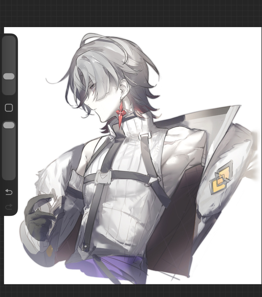 1boy, black_gloves, chest_belt, chinese_commentary, coat, commentary_request, covered_pectorals, earrings