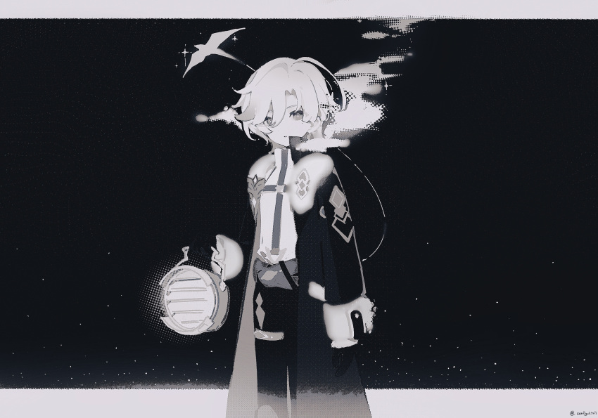 1boy, black_background, coat, flashlight, genshin_impact, hair_ornament, head_tilt, heavy_breathing