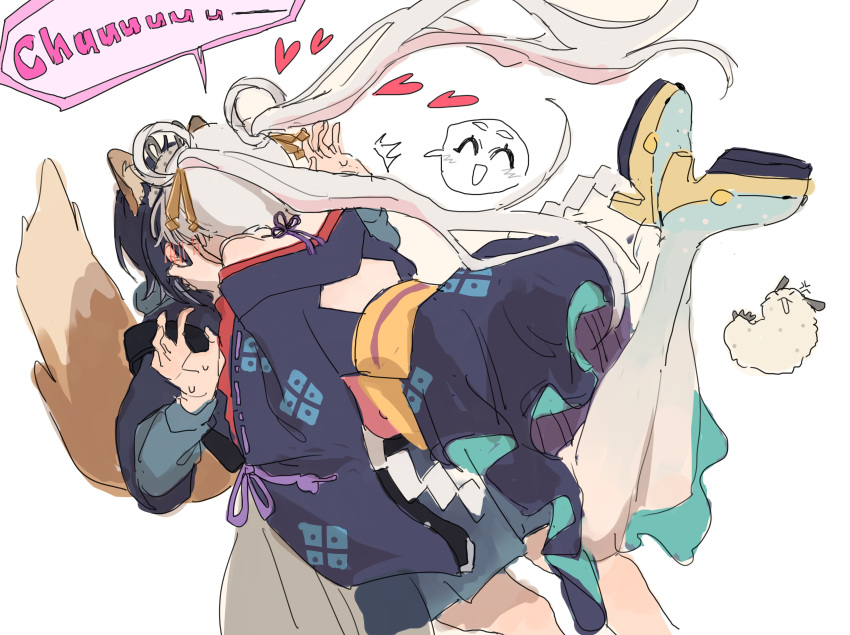 2girls, ^_^, absurdres, anger_vein, animal_ear_hairband, animal_ears, bare_shoulders, black_hair