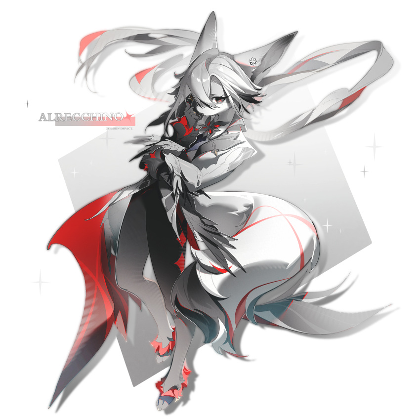 absurdres, animal_ears, animalization, arlecchino_(genshin_impact), character_name, chinese_commentary, coat, commentary_request