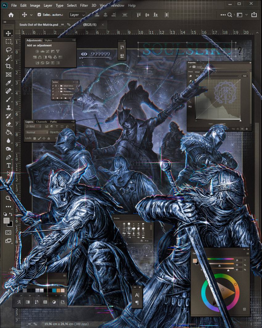 6+others, absurdres, armor, art_program_in_frame, artist_name, ashen_one_(dark_souls), bearer_of_the_curse, bloodborne