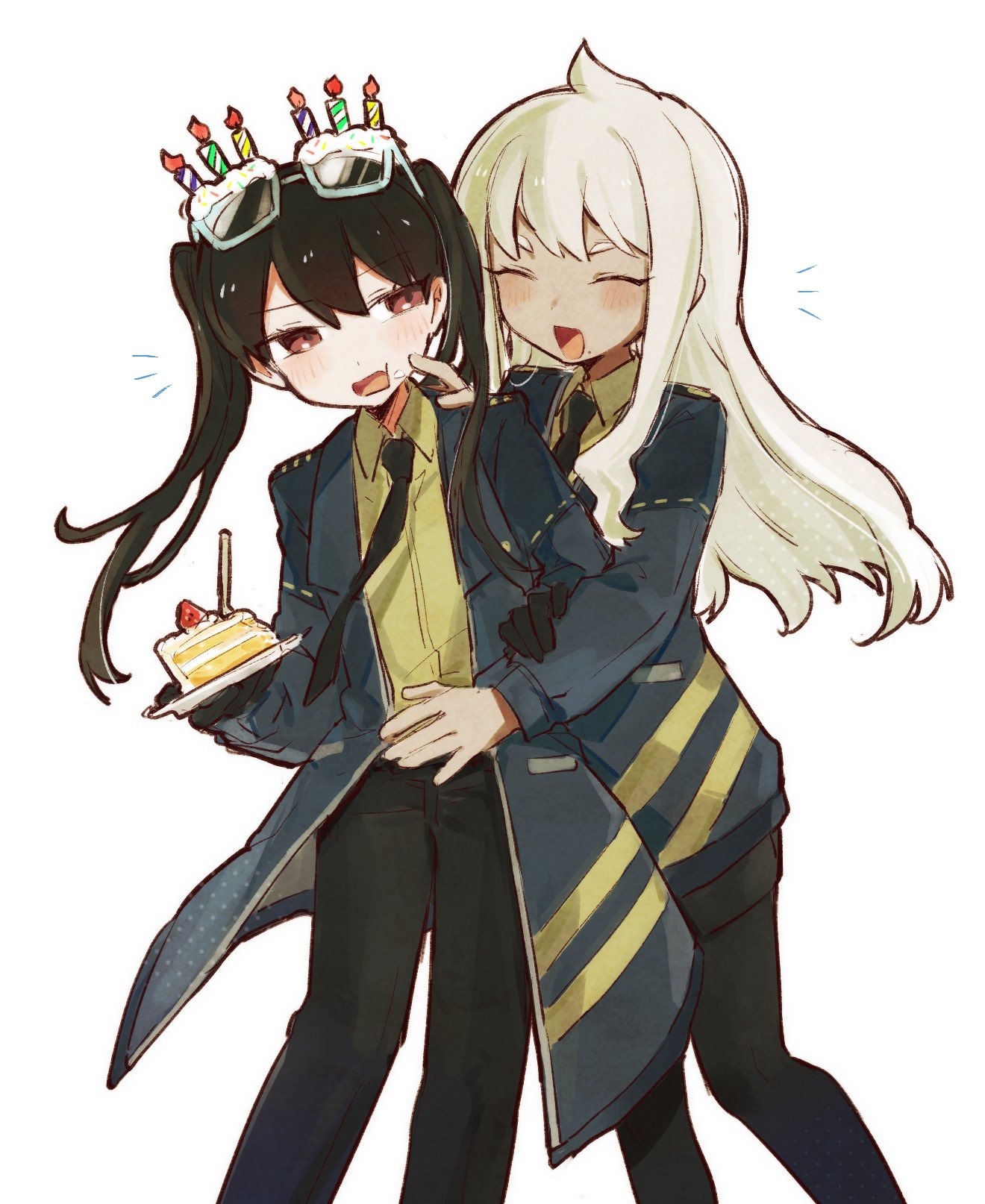 2girls, :d, birthday, birthday_cake, birthday_glasses, black_hair, black_leggings, black_necktie