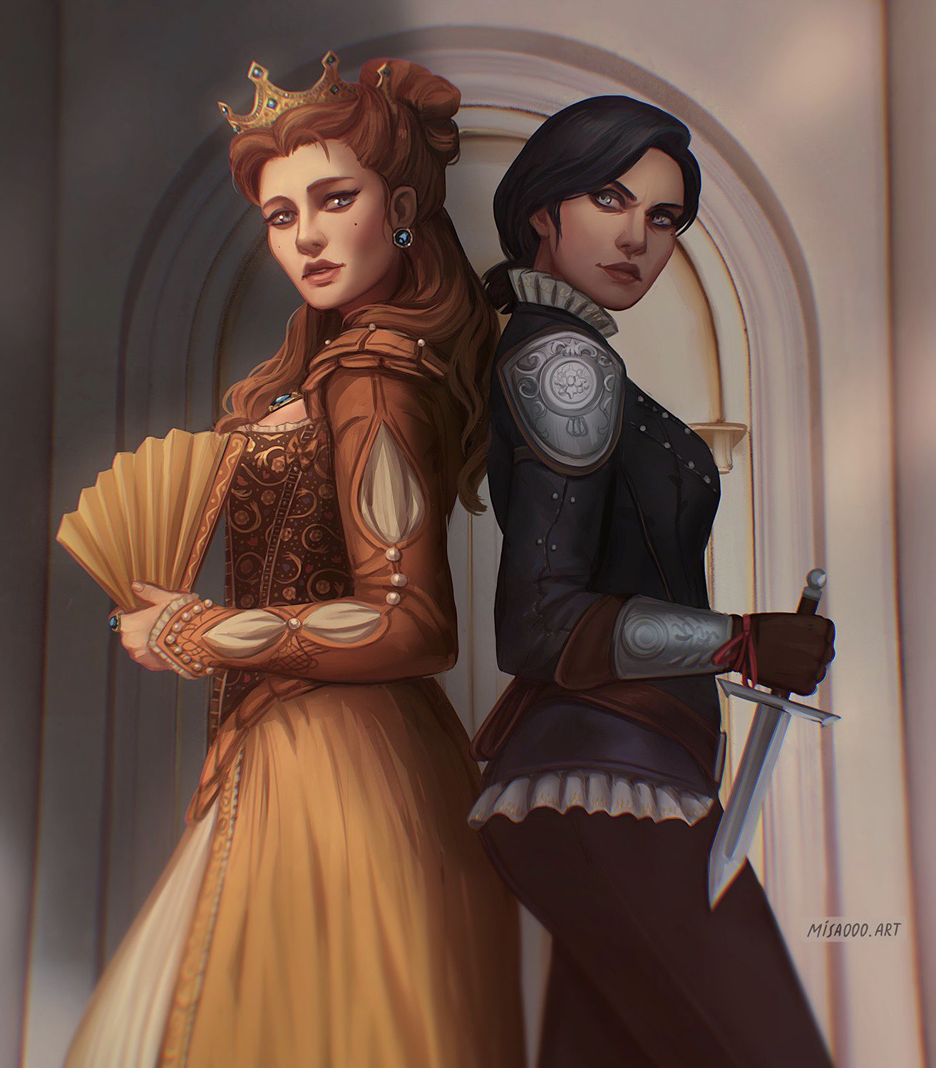 2girls, anna_henrietta, artist_name, black_jacket, black_pants, brown_dress, crown, dagger