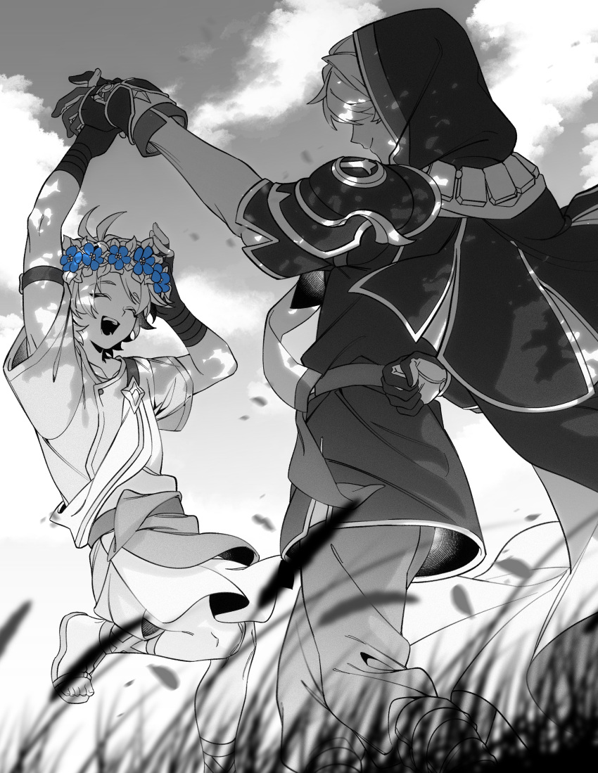 2boys, absurdres, age_difference, aged_down, alternate_costume, alternate_universe, arms_up, blurry, chinese_commentary, cloak, closed_mouth, clouds, cloudy_sky, collarbone, commentary_request, dancing, dappled_sunlight, depth_of_field, faceless, faceless_male, flame_reaver_of_the_deepest_dark, gloves, grass, happy, head_wreath, height_difference, highres, holding_hands, honkai:_star_rail, honkai_(series), hood, hood_up, hooded_cloak, light_smile, monochrome, multiple_boys, open_mouth, outdoors, pants, phainon_(a_dream_scented_in_wheat)_(honkai:_star_rail), phainon_(honkai:_star_rail), rongyuan_gulu, shade, shaded_face, short_sleeves, sky, smile, spoilers, standing, standing_on_one_leg, sunlight, tree_shade, upper_body