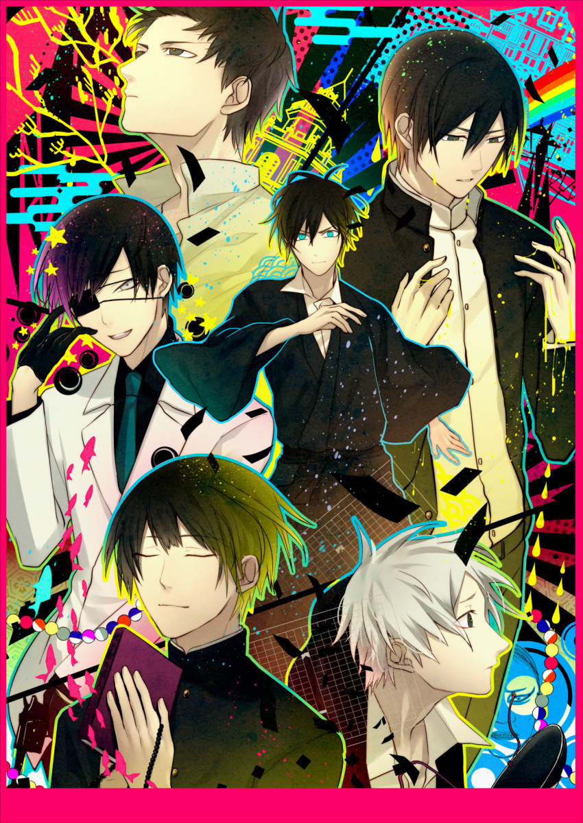 6+boys, beads, black_eyes, black_gloves, black_hair, blue_eyes, closed_eyes, commentary_request