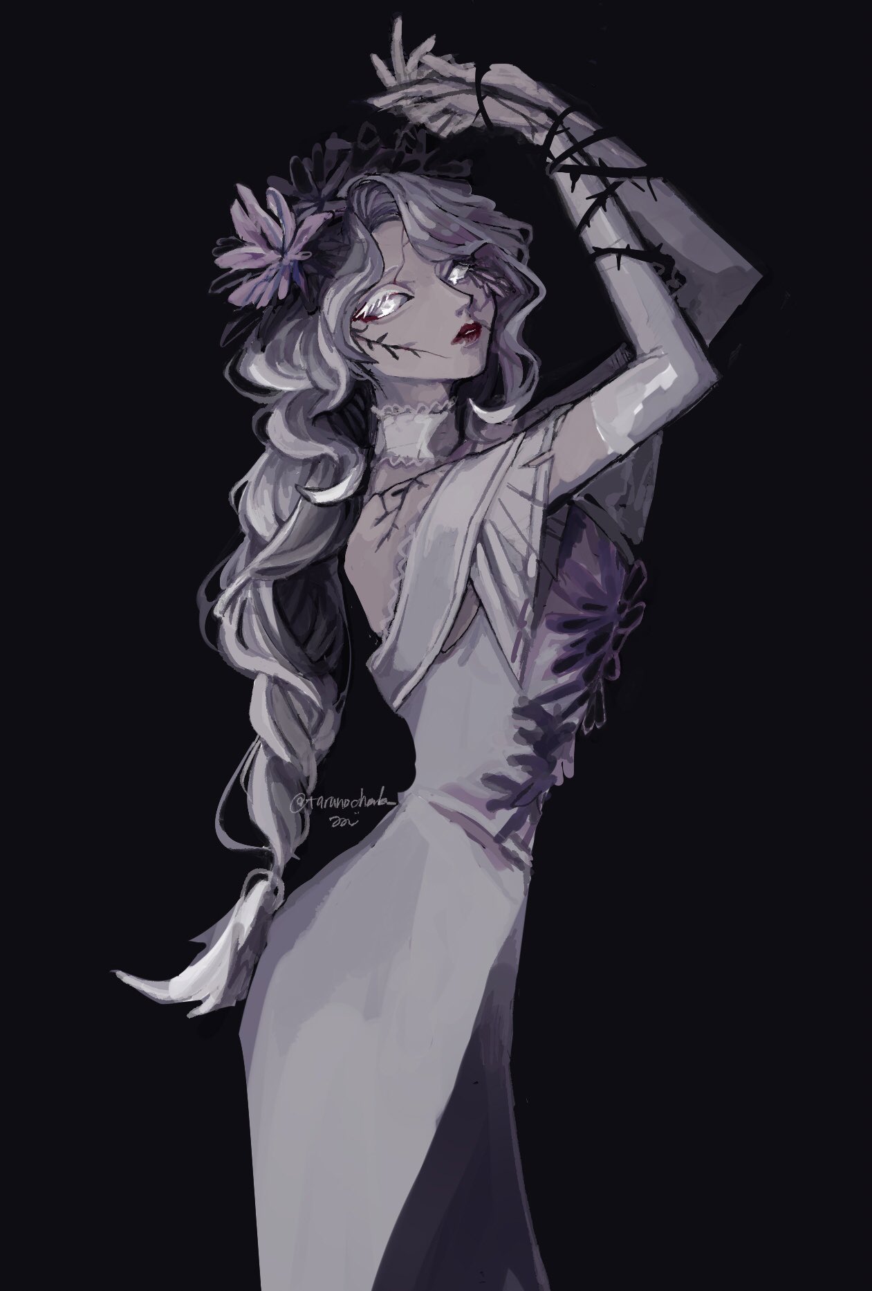 1girl, arms_up, black_background, bound, bound_wrists, braid, choker, commentary