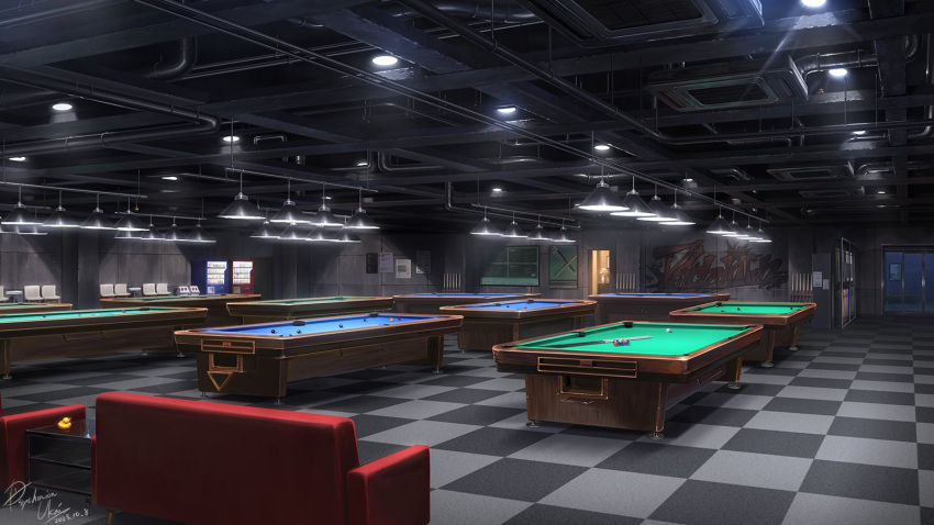 bakuinu, ball, billiard_ball, ceiling_light, checkered_floor, couch, cue_stick, highres