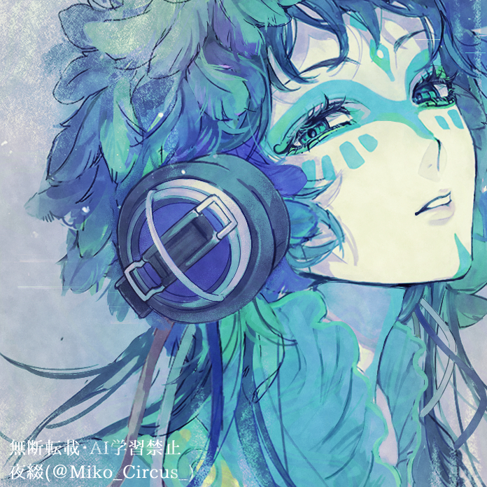 1other, androgynous, black_hair, blue_eyes, blue_hair, commentary_request, dress, facepaint