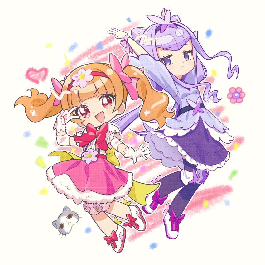 2girls, absurdres, aisaki_emiru, arms_up, black_hairband, black_thighhighs, blouse, bow