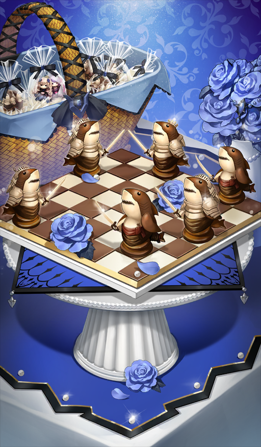 after_time_valentine_2026, air_(ai_r_), animal-themed_food, blue_background, blue_flower, blue_rose, character-themed_food, chessboard