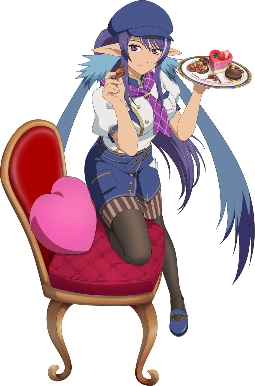 1girl, artist_request, black_pantyhose, blue_hair, blue_hat, blue_shoes, blue_skirt, breasts
