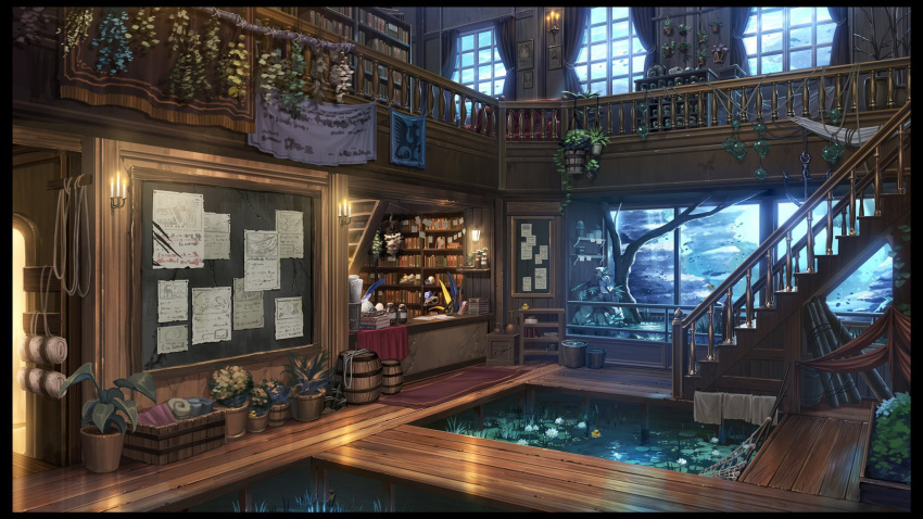 bakuinu, barrel, bookshelf, candle, carpet, chalkboard, egg, hanging
