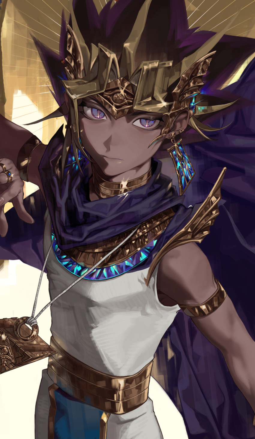 1boy, absurdres, armlet, atem, blue_cloak, cbow, cloak, closed_mouth