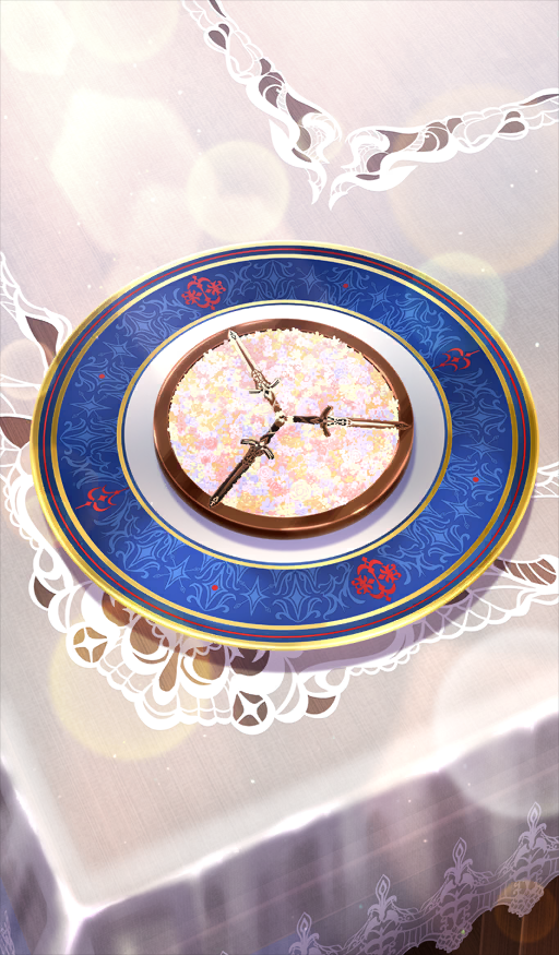 after_time_valentine_2026, caliburn_(fate), chocolate, commentary_request, dessert, excalibur_(fate/stay_night), fate/grand_order, fate_(series), food, food_focus, no_humans, official_art, on_table, plate, still_life, table, tablecloth, third-party_source, xxxxay