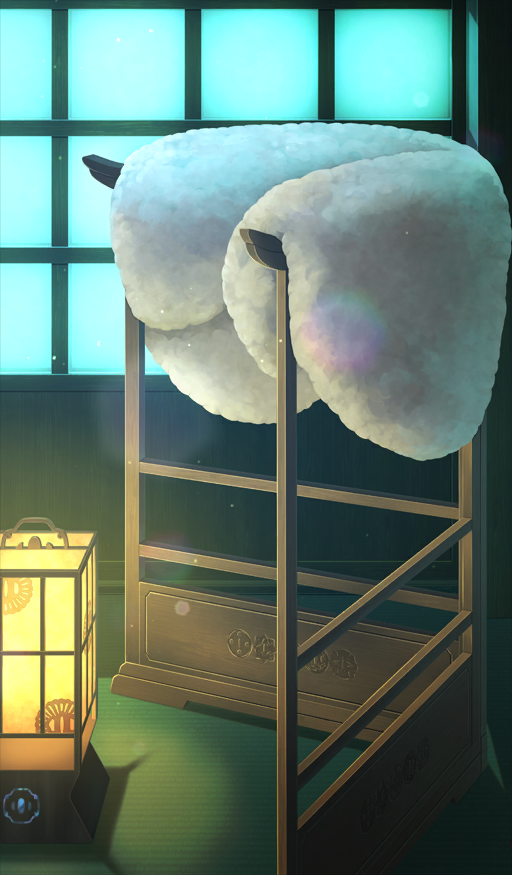 after_time_valentine_2026, clothes_focus, commentary_request, fate/grand_order, fate_(series), fur_shawl, lamp, light_particles, no_humans, official_art, shawl, shouji, sliding_doors, still_life, third-party_source, unworn_shawl, white_shawl, xxxxay