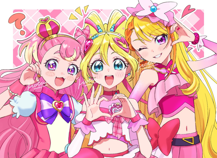 3girls, :3, :d, ?, arched_crown, artist_name, asymmetrical_bangs, asymmetrical_gloves