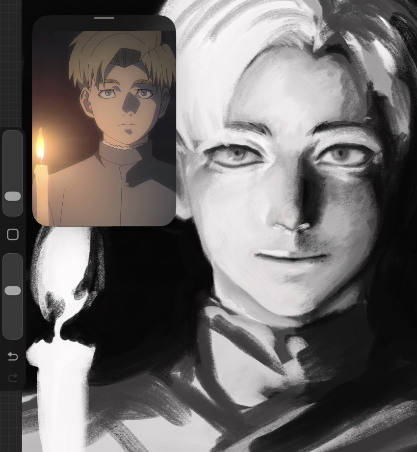 1boy, anime_screenshot_inset, art_program_in_frame, black_background, candlestand, chi.:_chikyuu_no_undou_ni_tsuite, closed_mouth, greyscale