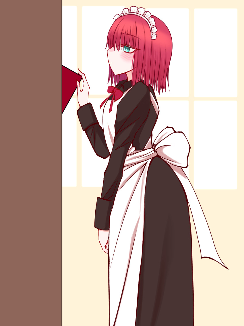 1girl, absurdres, apron, black_dress, blush, book, bookshelf, breasts, commentary_request, dress, green_eyes, highres, hisui_(tsukihime), long_sleeves, maid_headdress, mcpc_zamurai, neck_ribbon, red_hair, ribbon, short_hair, small_breasts, solo, tsukihime, tsukihime_(remake), white_apron