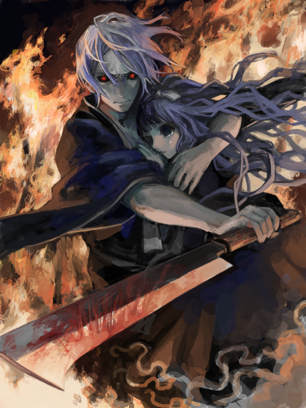 billhook, blood, blue_hair, drawr, empty_eyes, fire, kirishiki_sunako, long_hair, muroi_seishin, nose_hatchet, shiki, tears