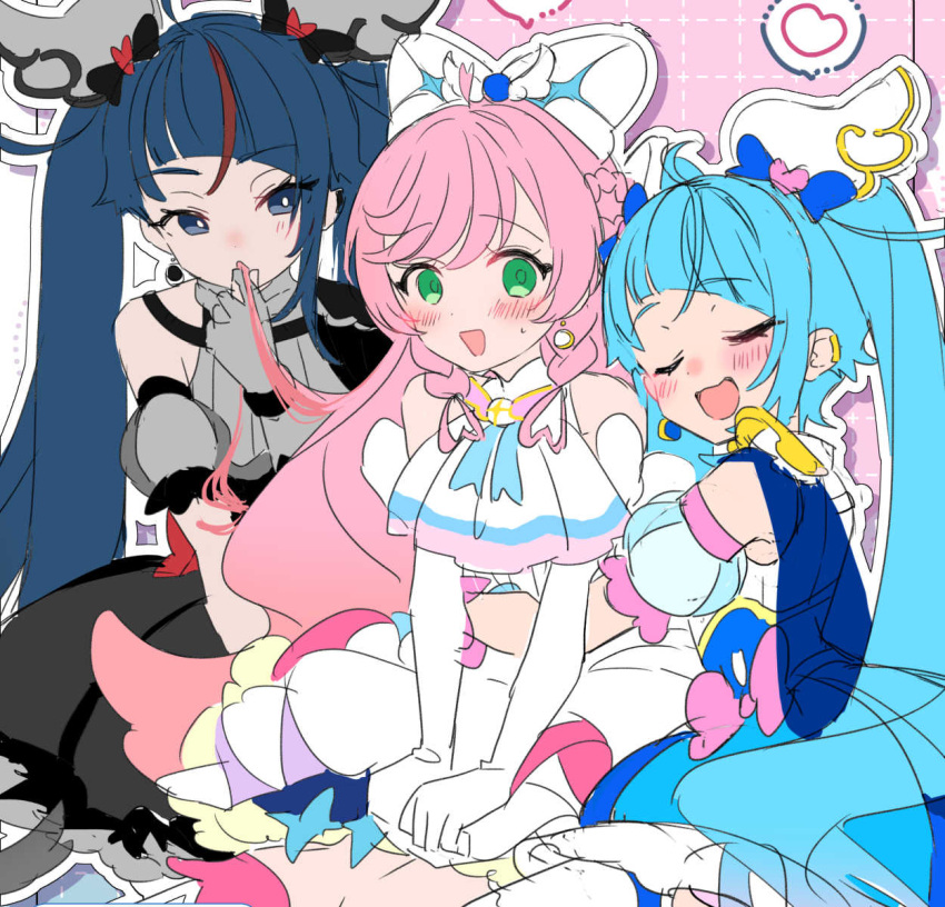 3girls, ascot, black_dress, black_sky_(precure), blue_bow, blue_cape, blue_dress, blue_eyes