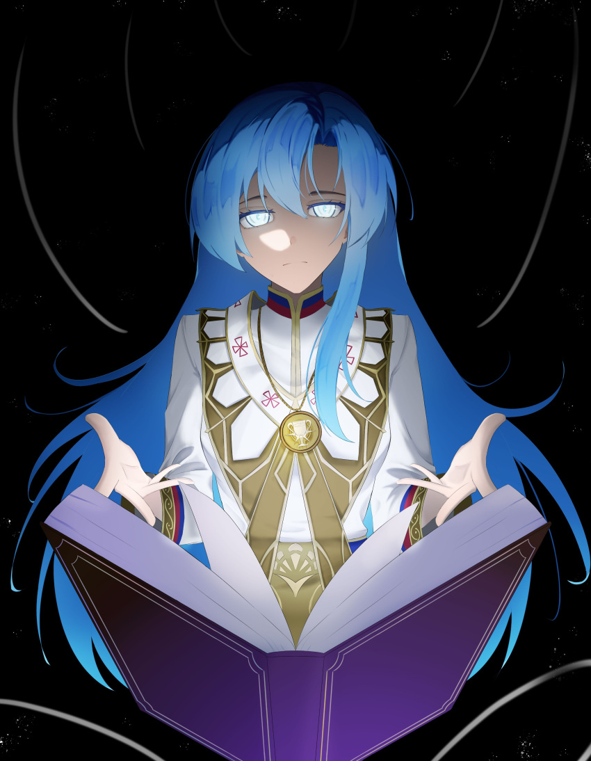 absurdres, black_background, blue_hair, book, closed_mouth, corecamilox4, curtained_hair, eiyuu_densetsu