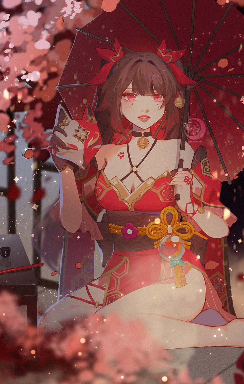 1girl, bare_shoulders, bell, black_choker, black_gloves, black_hair, breasts, brown_hair