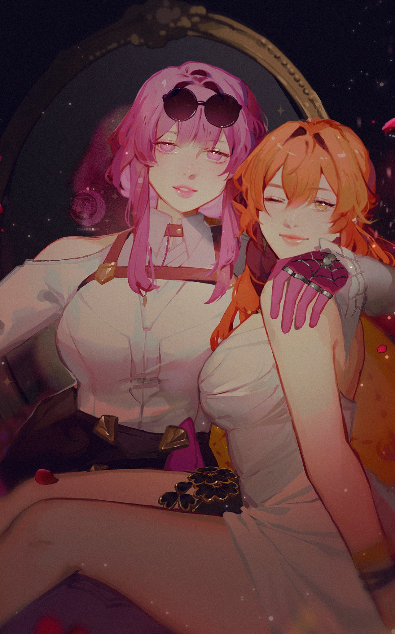 2girls, breasts, commentary, english_commentary, eyewear_on_head, gloves, hair_between_eyes, highres, himeko_(honkai:_star_rail), honkai:_star_rail, honkai_(series), jacket, kafka_(honkai:_star_rail), large_breasts, long_hair, long_sleeves, looking_at_viewer, multiple_girls, pantyhose, purple_gloves, purple_hair, round_eyewear, shirt, smile, sunglasses, tran_(traannahh), violet_eyes, white_shirt