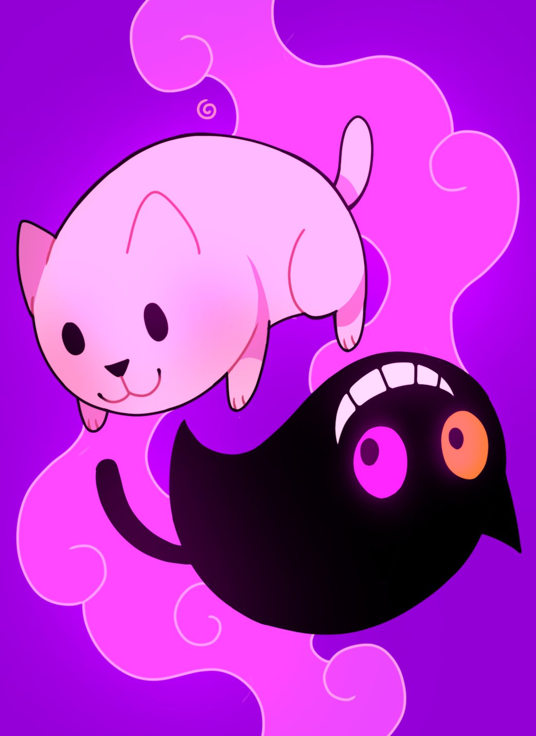 :3, animal_ears, annoying_dog, black_eyes, black_fur, cat, cat_ears, cat_tail