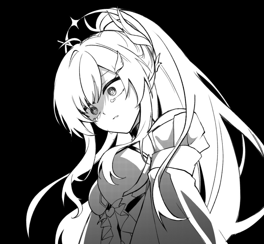 1girl, aemeath_(wuthering_waves), bare_shoulders, black_background, breasts, from_below, greyscale, hair_ornament