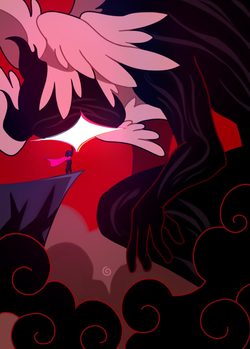 2others, angel_wings, arm_up, black_smoke, blue_hair, cape, cliff, colored_smoke, deltarune, eldritch_abomination, feathered_wings, ghostbento, giant, glowing, glowing_eye, head_wings, highres, horns, hunched_over, kris_(dark_world)_(deltarune), kris_(deltarune), living_shadow, looking_at_another, multiple_others, multiple_wings, one-eyed, pink_cape, reaching, reaching_towards_another, red_background, silhouette, smoke, squatting, titan_(deltarune), umbrakinesis, utdr_(toby_fox), wings