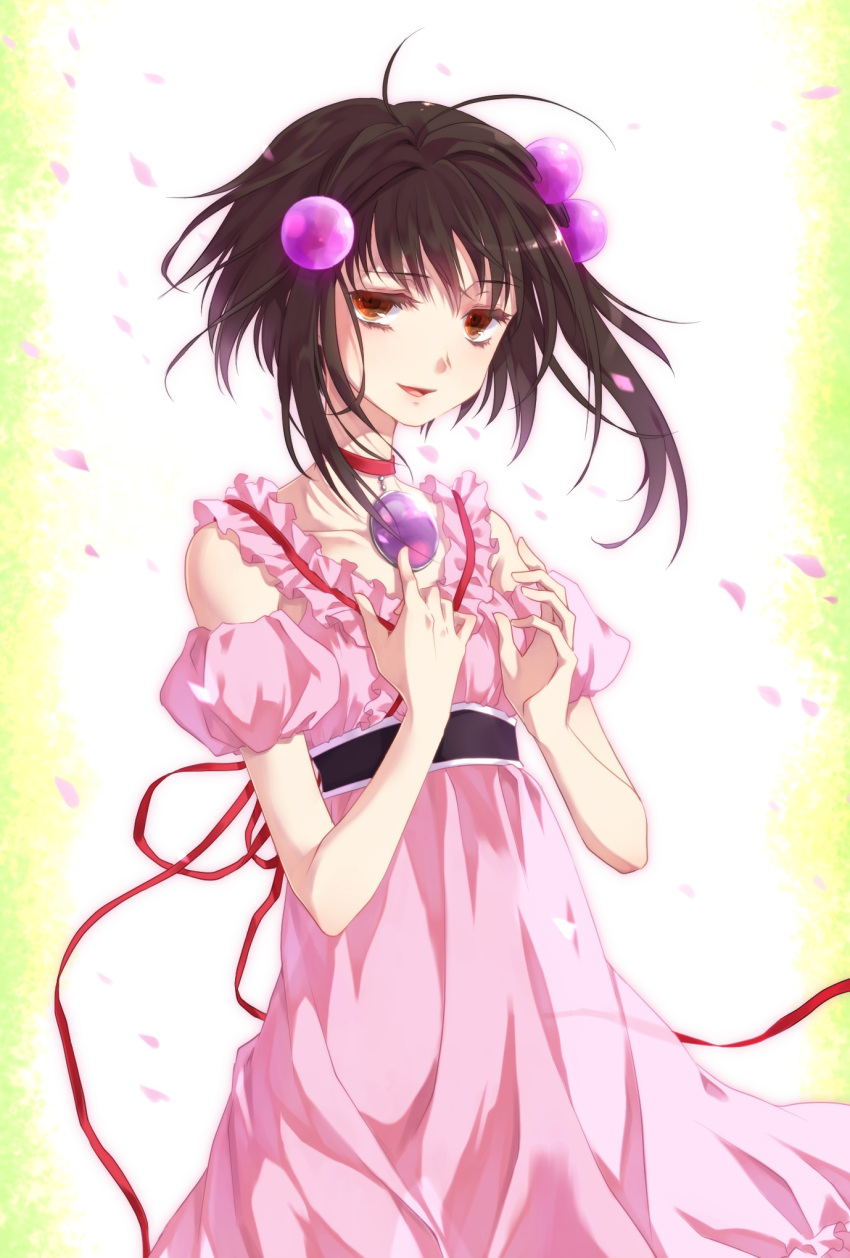 brown_hair, choker, collarbone, dress, hair_bobbles, hair_ornament, highres, okitune-sama