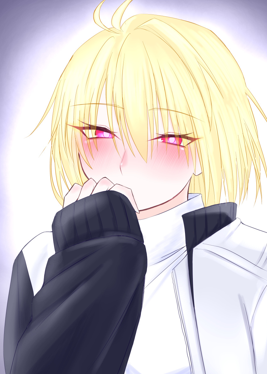 1girl, absurdres, arcueid_brunestud, black_jacket, blonde_hair, blush, breasts, commentary_request