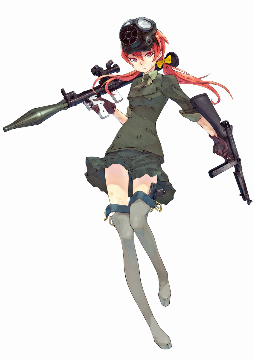 bow, buckle, dual_wielding, female, frown, gas_mask, gloves, gun, hair_bow, hair_ribbon, handgun, highres, jacket, long_hair, maeda_risou, military, military_uniform, necktie, original, pink_hair, pistol, pleated_skirt, red_eyes, red_hair, redhead, ribbon, risoumaeda, rocket_launcher, rpg, rpg-7, simple_background, skirt, sleeves_rolled_up, solo, submachine_gun, thigh-highs, thigh_boots, thighhighs, thompson_submachine_gun, twintails, uniform, weapon, white_background