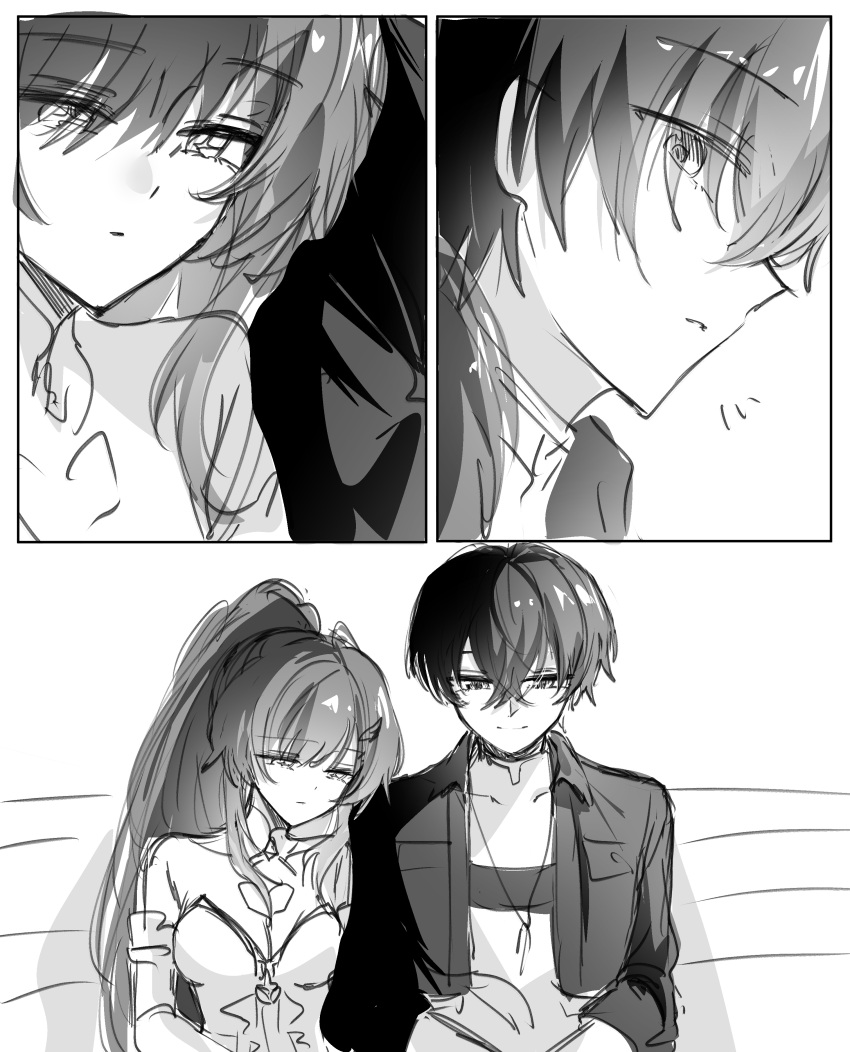 1boy, 1girl, absurdres, adoptive_parent_and_adoptive_child, aemeath_(wuthering_waves), bare_shoulders, breasts, closed_mouth