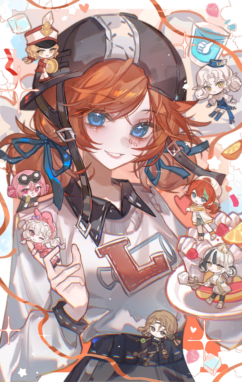 1girl, absurdres, birthday, black_pants, blue_eyes, blue_ribbon, cake, chibi, chibi_inset, chinese_commentary, commentary_request, cowboy_shot, food, hair_ribbon, hand_up, hat, highres, holding, holding_cake, holding_food, identity_v, l_(letter), lily_barriere, lily_barriere_(bishop-f1), lily_barriere_(congretator), lily_barriere_(fluorite), lily_barriere_(oph.lily), lily_barriere_(rising_star), lily_barriere_(stunning_my_melody), looking_at_viewer, official_alternate_costume, orange_hair, pants, parted_bangs, print_shirt, red_ribbon, ribbon, shirt, smile, solo, twintails, white_shirt, ye_qingcai