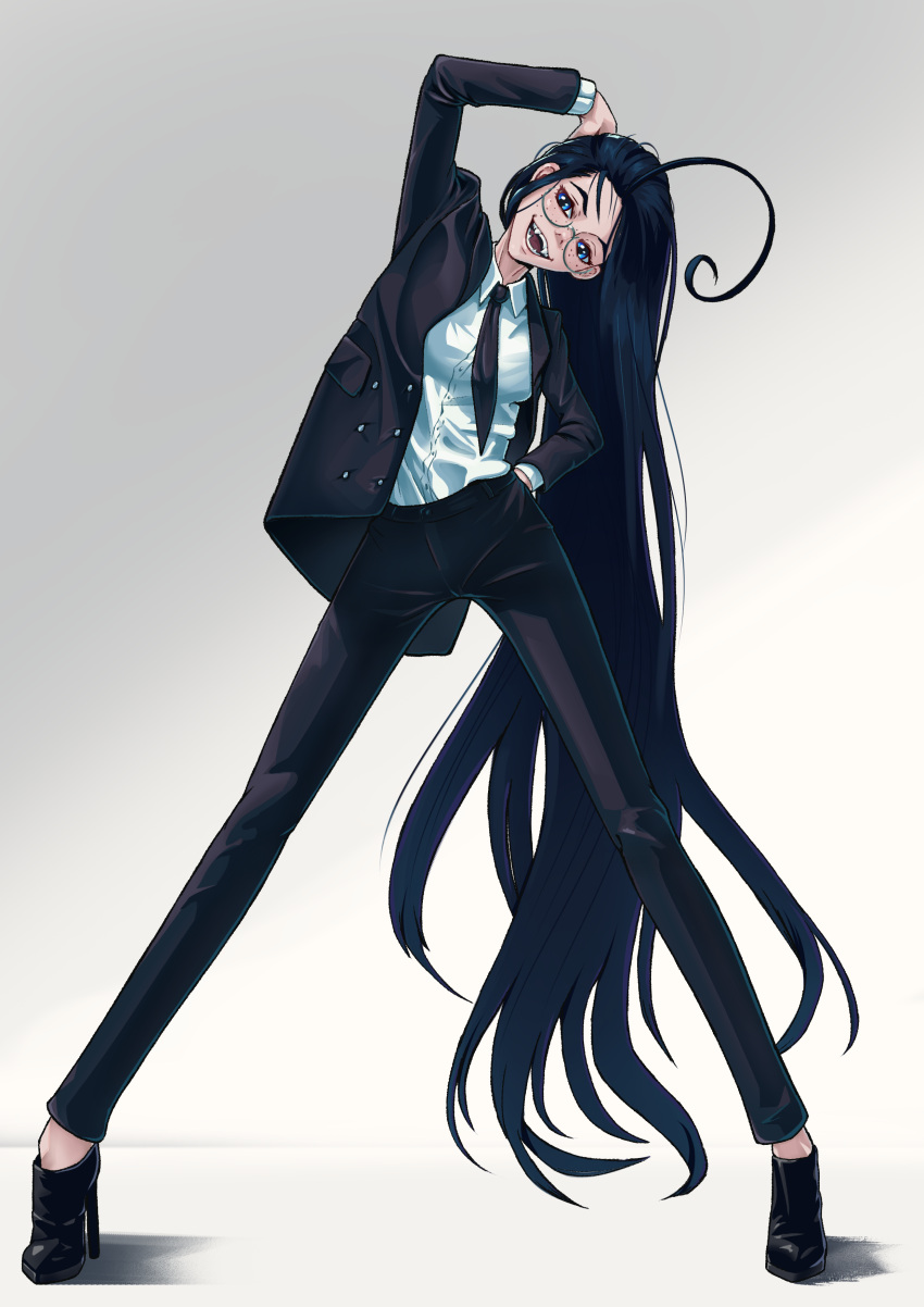 1girl, absurdres, ahoge, arm_behind_head, black_hair, black_pants, black_shoes, blue_eyes